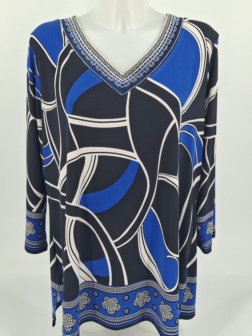 JM Collection Blue & Black Abstract V-Neck Tunic with Embellished Trim